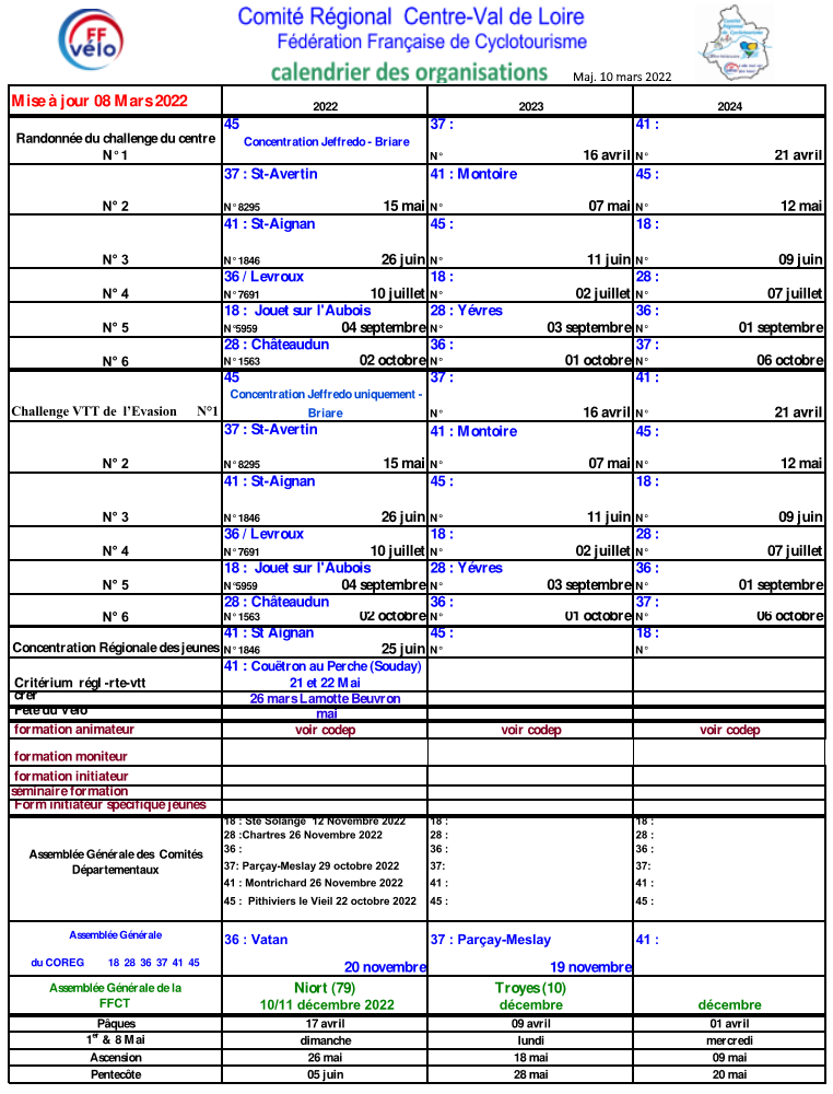 Ffct Calendrier 2023 Agenda - Coreg Centre Val De Loire